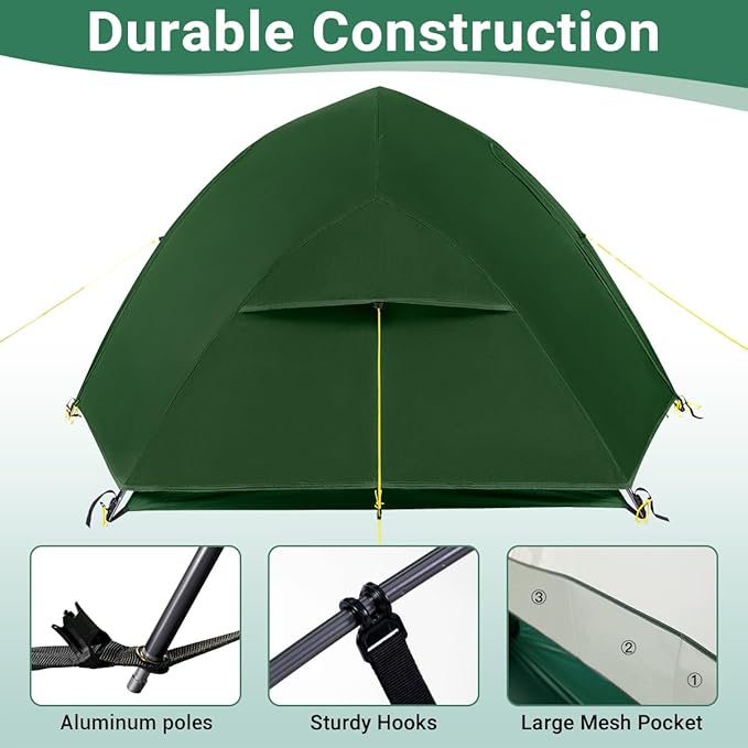 2 Person Lightweight Backpacking Tent,Ultralight Portable 20D Waterproof Nylon Tent for Camping,4.4LB 3 Season Backhiking with 7001 Aluminum Poles and V-Shaped Aluminum Floor Spike