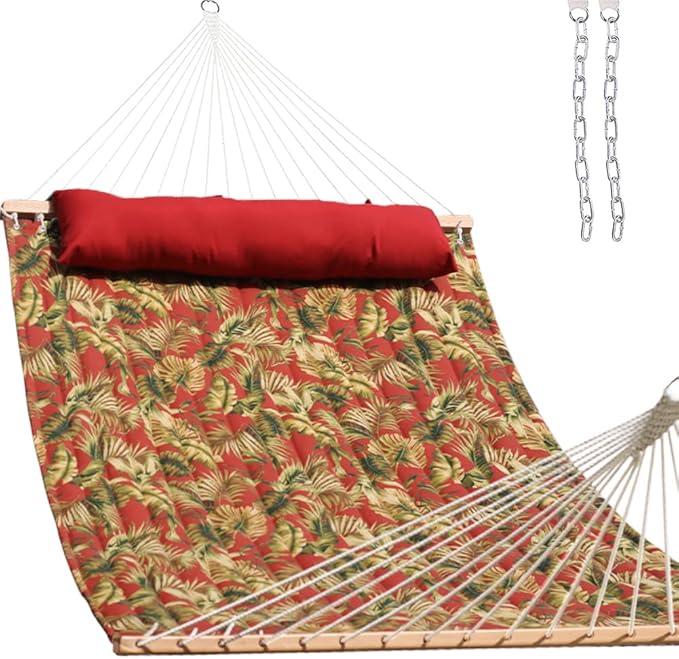 Lazy Daze Hammocks 12 FT Quilted Fabric Hammock with Spreader Bar, 2-Person Double Hammock with Chains and Pillow, Outdoor Hammock for Outside Patio Poolside Backyard Beach, 450 lbs Capacity, Red Leaf