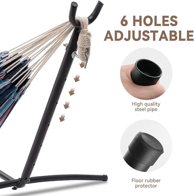 PNAEUT Double Hammock with Space Saving Steel Stand 2 Person Heavy Duty Garden Yard Outdoor 450lb Capacity Hammocks and Portable Carrying Bag (Denim)