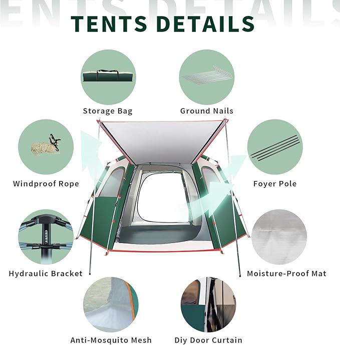 Camping Tent Large Tent 87" L 73" W 40" H with Instant Setup Outdoor Tent with 2 Doors,3 Windows,Removable Rainfly, Hexagonal Moisture-Proof Pad and Carry Bag,4/6/8 Person Weatherproof