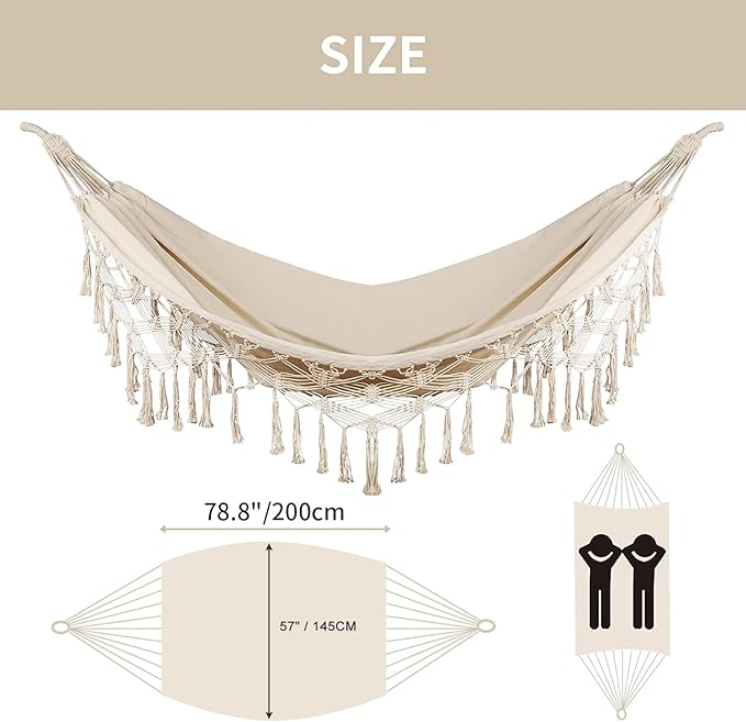 Bellzacasa Double Hammock, Heavy Duty 500 lb Load Capacity Tassels and Fishtail Knitting with Mounting Straps for Outdoor Camping Patio Balcony Beige