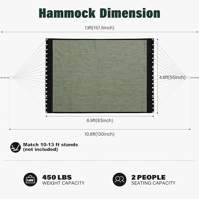 Patio Watcher 13 FT Quick Dry Olefin Hammock - Outdoor Double Hammock with Metal Curved Spreader Bars - 450 lbs Capacity - Dark Green