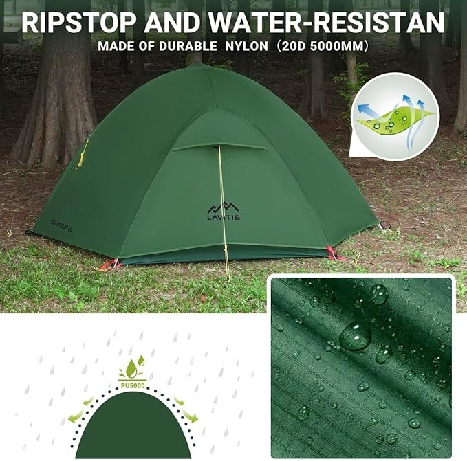 2 Person Lightweight Backpacking Tent,Ultralight Portable 20D Waterproof Nylon Tent for Camping,4.4LB 3 Season Backhiking with 7001 Aluminum Poles and V-Shaped Aluminum Floor Spike