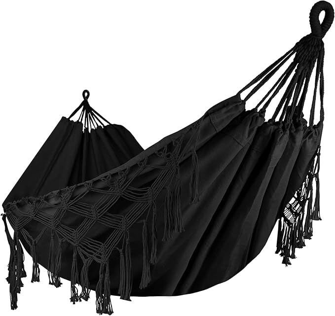 Bellzacasa Double Hammock, Heavy Duty 500 lb Load Capacity Tassels and Fishtail Knitting with Mounting Straps for Outdoor Camping Patio Balcony Black