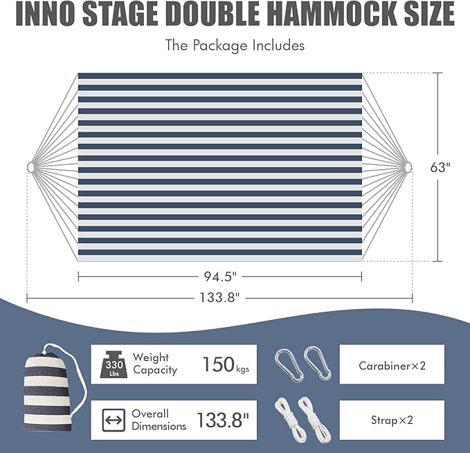 Double Hammock with Tree Straps - 2 Persons Hammock Portable Hanging Camping Bed for Patio, Backyard, Porch, Outdoor and Indoor Use - Soft Canvas Hammock with Carrying Bag, 340x160cm