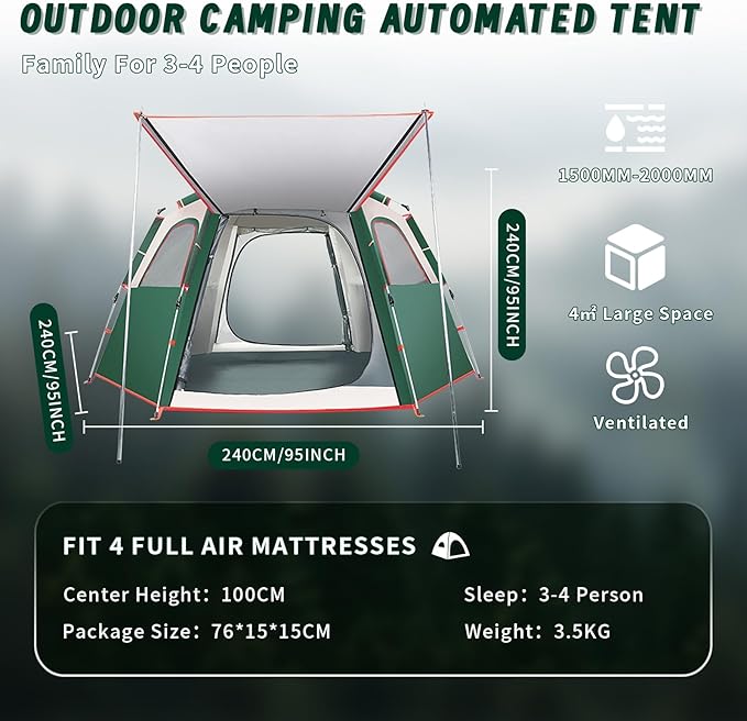Camping Tent Large Tent 87" L 73" W 40" H with Instant Setup Outdoor Tent with 2 Doors,3 Windows,Removable Rainfly, Hexagonal Moisture-Proof Pad and Carry Bag,4/6/8 Person Weatherproof