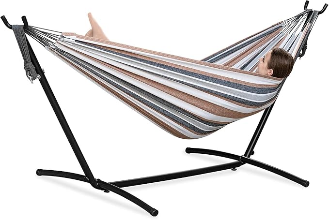 PNAEUT Double Hammock with Space Saving Steel Stand Included 2 Person Heavy Duty Outside Garden Yard Outdoor 450lb Capacity 2 People Standing Hammocks and Portable Carrying Bag (Coffee)