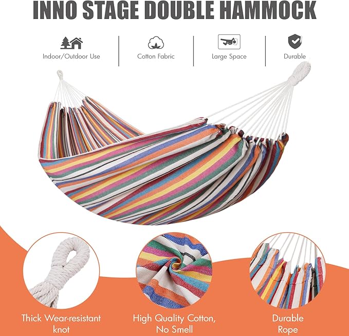 2 Persons Hammock with Tree Straps - Brazilian Double Hammock, Portable Hanging Camping Bed for Patio, Backyard, Porch, Outdoor and Indoor Use - Soft Cotton Hammock with Carrying Bag