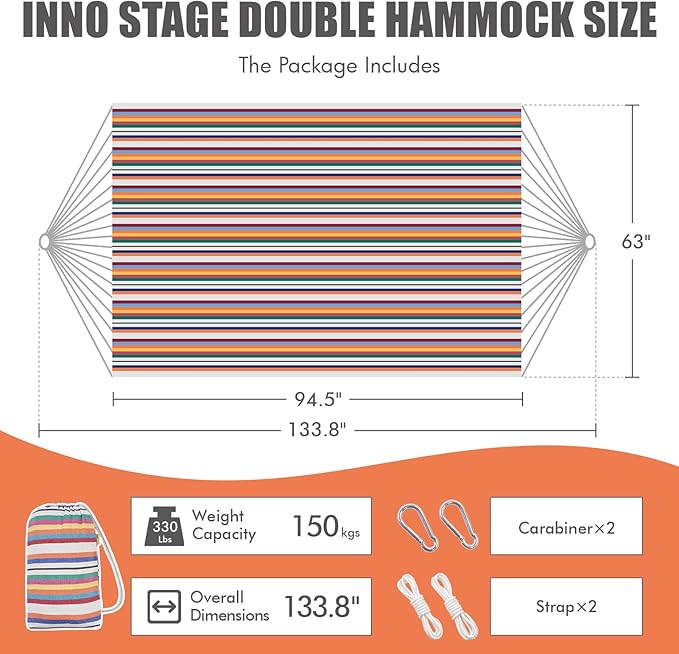 2 Persons Hammock with Tree Straps - Brazilian Double Hammock, Portable Hanging Camping Bed for Patio, Backyard, Porch, Outdoor and Indoor Use - Soft Cotton Hammock with Carrying Bag