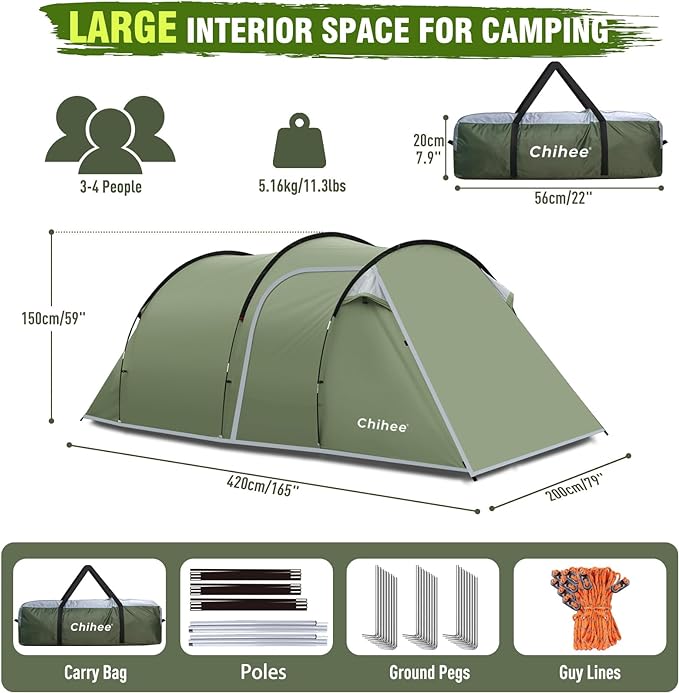 Chihee Camping Tents Tunnel Tent 4 Person Family Tents with 2 Doors Extra Large Weatherproof Shelter 4 Seasons Tents with Screened Porch Room Awning Include Rainfly Carry Bag Travelling Outdoor Hiking