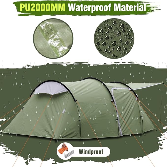 Chihee Camping Tents Tunnel Tent 4 Person Family Tents with 2 Doors Extra Large Weatherproof Shelter 4 Seasons Tents with Screened Porch Room Awning Include Rainfly Carry Bag Travelling Outdoor Hiking