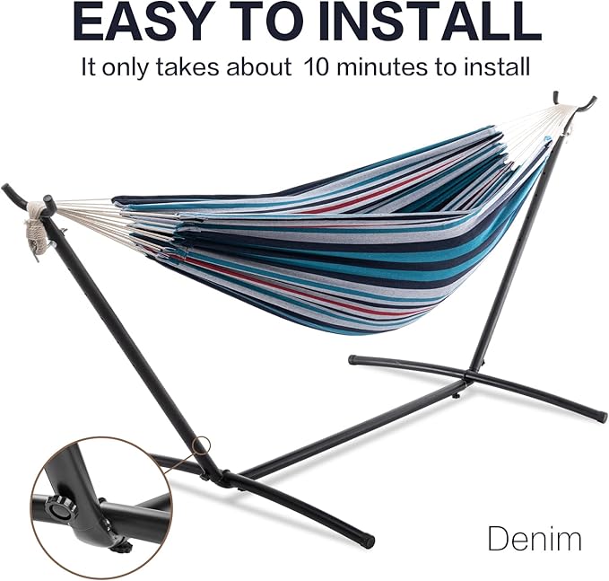 PNAEUT Double Hammock with Space Saving Steel Stand 2 Person Heavy Duty Garden Yard Outdoor 450lb Capacity Hammocks and Portable Carrying Bag (Denim)