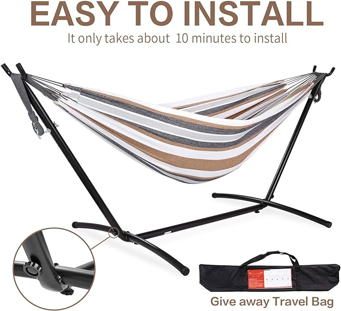 PNAEUT Double Hammock with Space Saving Steel Stand Included 2 Person Heavy Duty Outside Garden Yard Outdoor 450lb Capacity 2 People Standing Hammocks and Portable Carrying Bag (Coffee)