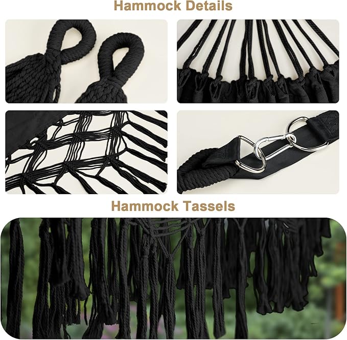 Bellzacasa Double Hammock, Heavy Duty 500 lb Load Capacity Tassels and Fishtail Knitting with Mounting Straps for Outdoor Camping Patio Balcony Black