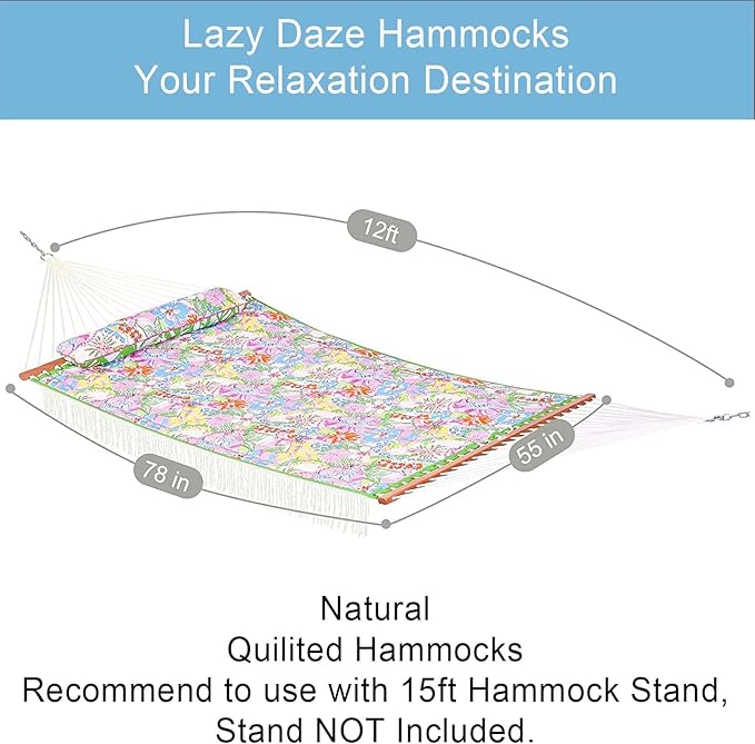 Lazy Daze Hammocks 12 FT Double Layered Quilted Fabric Hammock Swing with Pillow and Carrying Bag, Elegant Tassels and Spread Bar Heavy Duty Stylish for Two Person, Floral