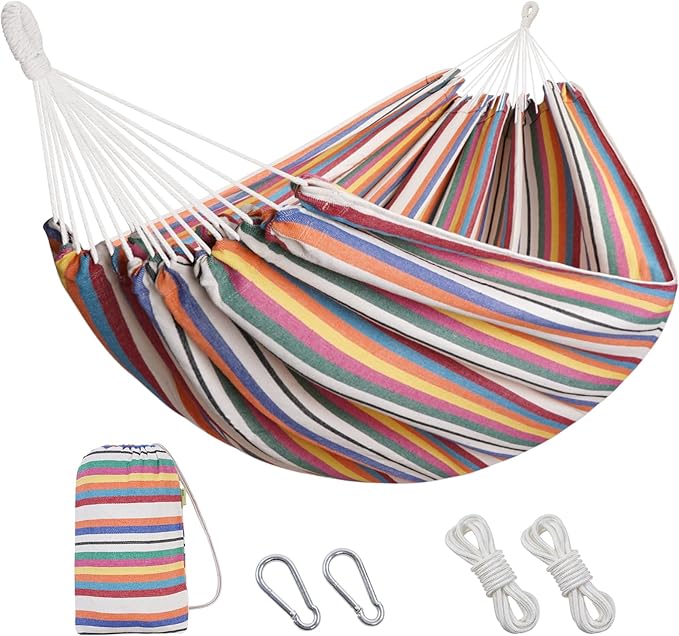 2 Persons Hammock with Tree Straps - Brazilian Double Hammock, Portable Hanging Camping Bed for Patio, Backyard, Porch, Outdoor and Indoor Use - Soft Cotton Hammock with Carrying Bag