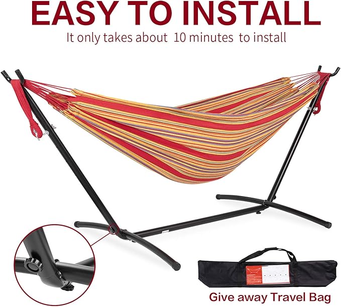 PNAEUT 2-Person Hammock with Space Saving Steel Stand Garden Yard Outdoor 450lb Capacity Double Hammocks and Portable Carrying Bag (Red)