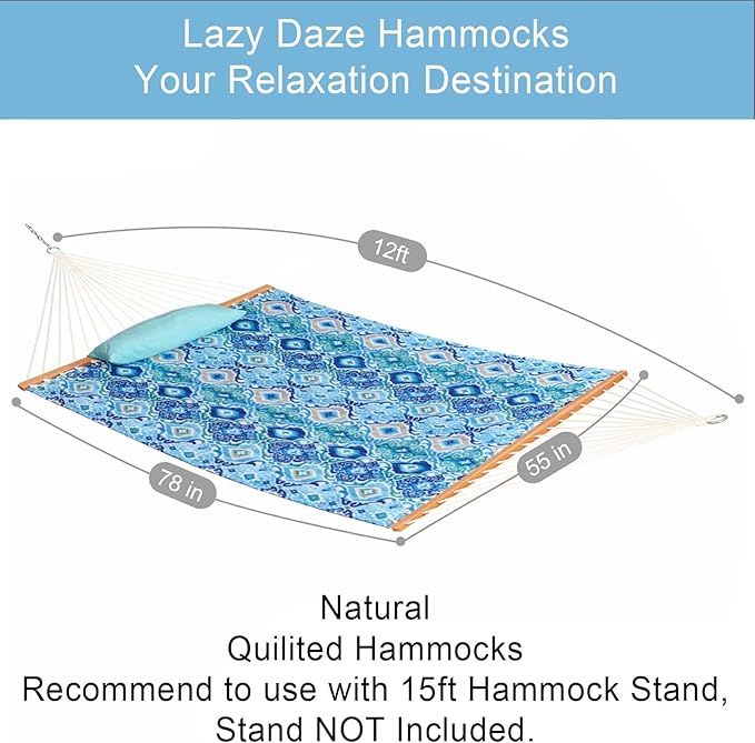 Lazy Daze Hammocks 12FT Quilted Fabric Hammock with Pillow, Double 2 Person Hammock with Spreader Bar for Outdoor Outside Patio Garden Yard Pool Beach QFH037
