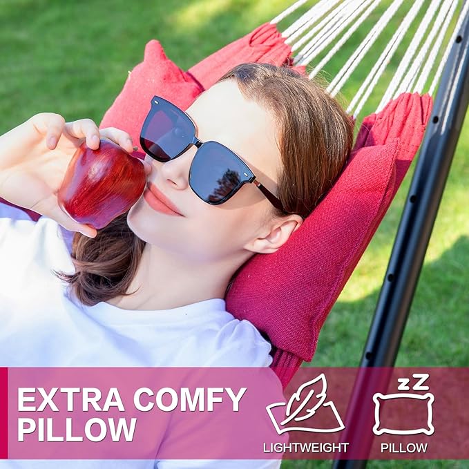 PNAEUT Double Hammock with Space Saving Steel Stand 2 Person Heavy Duty Garden Yard Outdoor 450lb Capacity Hammocks and Portable Carrying Bag (Cherry)