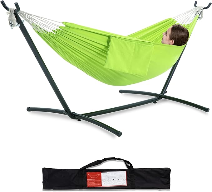 PNAEUT Double Hammock with Space Saving Steel Stand 2 Person Heavy Duty Garden Yard Outdoor 450lb Capacity Hammocks and Portable Carrying Bag (Green)