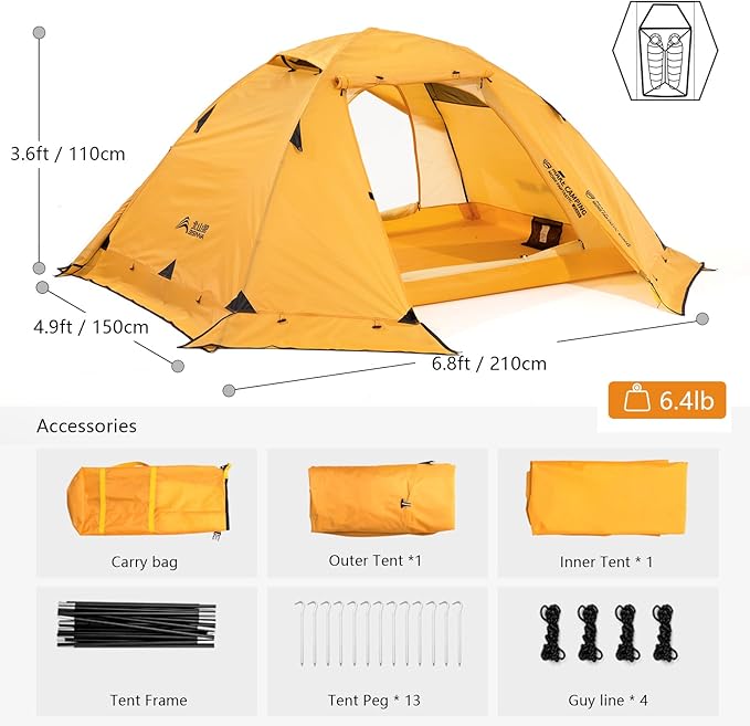 BISINNA 4 Season Tent for Backpacking Winter Tent 2 Person Lightweight Cold Weather Tents Waterproof Double Layer All Season Tent Aluminum Alloy Poles Easy Set Up for Camping, Hiking, Outdoor
