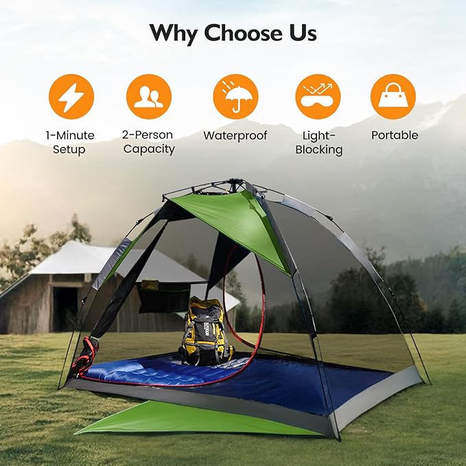 Camping Tent 2 Person, Waterproof & Blackout Double Layer Pop Up Outdoor Tent for Hiking, Travel, Picnic, Portable and Easy Setup