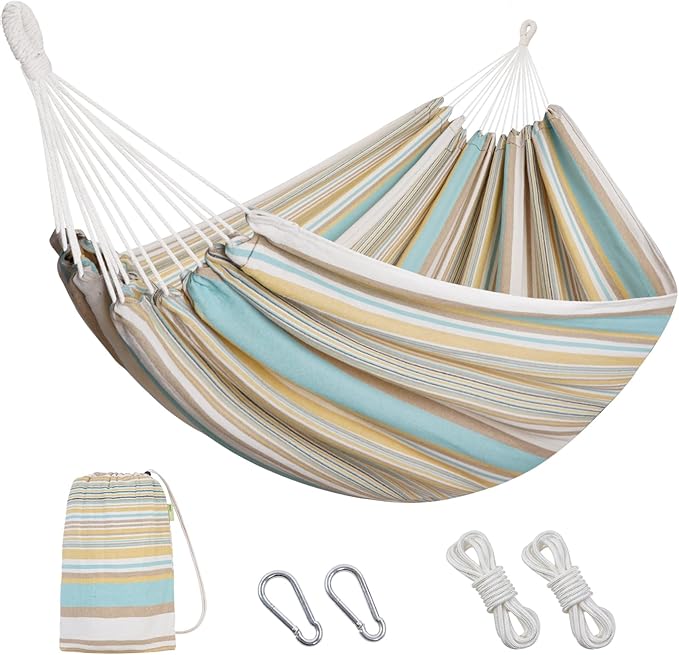 2 Persons Hammock with Tree Straps - Brazilian Double Hammock, Portable Hanging Camping Bed for Patio, Backyard, Porch, Outdoor and Indoor Use - Soft Cotton Hammock with Carrying Bag