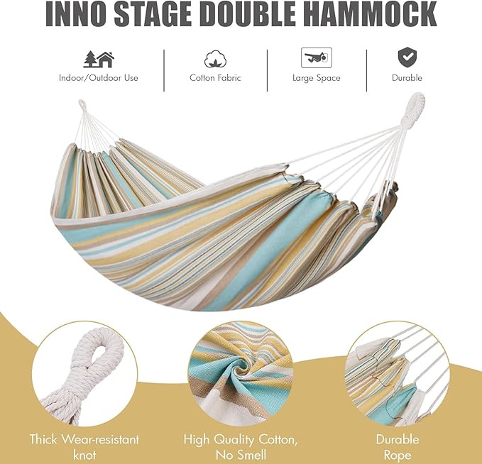 2 Persons Hammock with Tree Straps - Brazilian Double Hammock, Portable Hanging Camping Bed for Patio, Backyard, Porch, Outdoor and Indoor Use - Soft Cotton Hammock with Carrying Bag