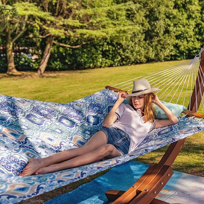 Lazy Daze Hammocks 12FT Quilted Fabric Hammock with Pillow, Double 2 Person Hammock with Spreader Bar for Outdoor Outside Patio Garden Yard Pool Beach QFH037