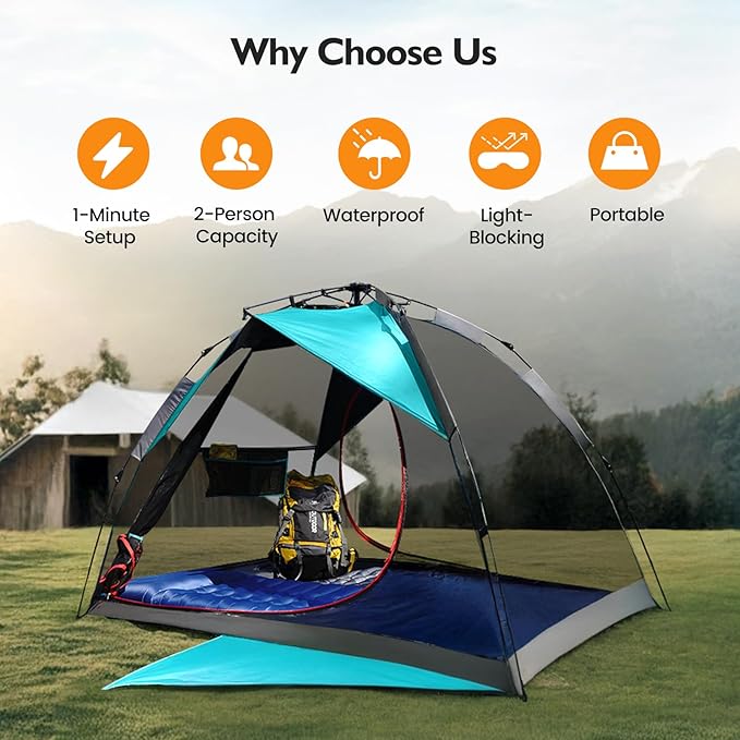 Camping Tent 2 Person, Waterproof & Blackout Double Layer Pop Up Outdoor Tent for Hiking, Travel, Picnic, Portable and Easy Setup