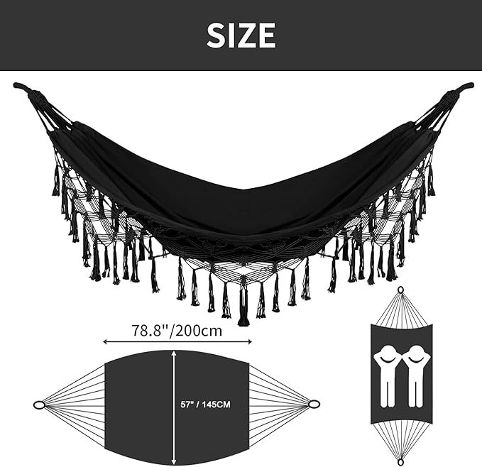 Bellzacasa Double Hammock, Heavy Duty 500 lb Load Capacity Tassels and Fishtail Knitting with Mounting Straps for Outdoor Camping Patio Balcony Black