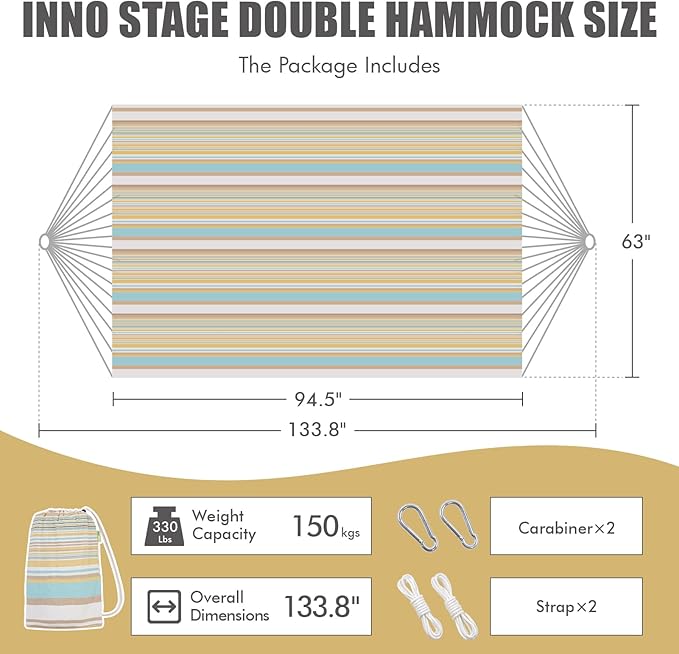2 Persons Hammock with Tree Straps - Brazilian Double Hammock, Portable Hanging Camping Bed for Patio, Backyard, Porch, Outdoor and Indoor Use - Soft Cotton Hammock with Carrying Bag
