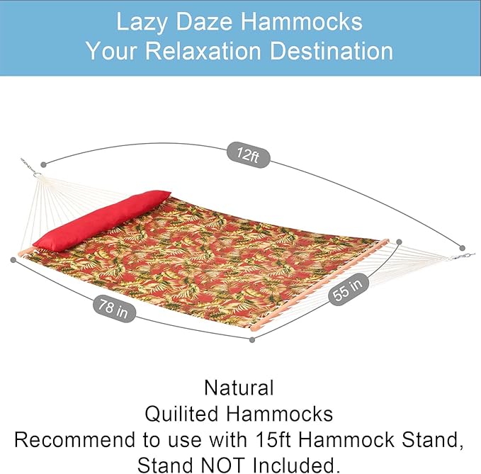 Lazy Daze Hammocks 12 FT Quilted Fabric Hammock with Spreader Bar, 2-Person Double Hammock with Chains and Pillow, Outdoor Hammock for Outside Patio Poolside Backyard Beach, 450 lbs Capacity, Red Leaf