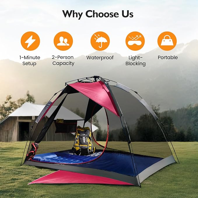 Camping Tent 2 Person, Waterproof & Blackout Double Layer Pop Up Outdoor Tent for Hiking, Travel, Picnic, Portable and Easy Setup