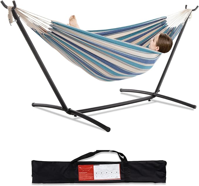 PNAEUT Double Hammock with Space Saving Steel Stand Included 2 Person Heavy Duty Garden Yard Outdoor 450lb Capacity Hammocks (Lightblue)