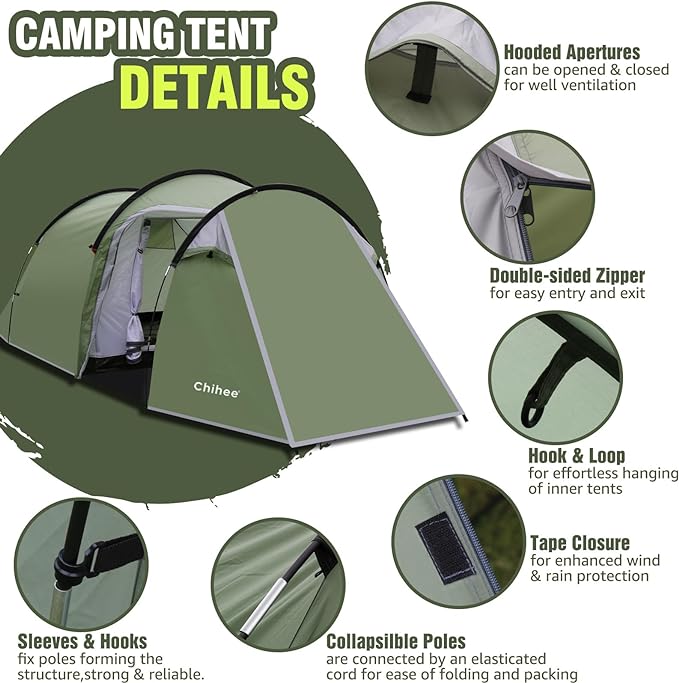 Chihee Camping Tents Tunnel Tent 4 Person Family Tents with 2 Doors Extra Large Weatherproof Shelter 4 Seasons Tents with Screened Porch Room Awning Include Rainfly Carry Bag Travelling Outdoor Hiking