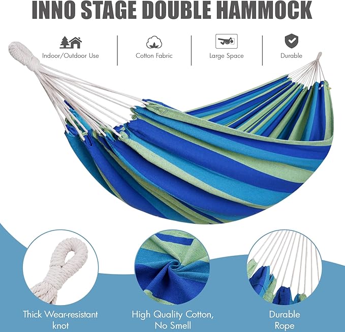 2 Persons Hammock with Tree Straps - Brazilian Double Hammock, Portable Hanging Camping Bed for Patio, Backyard, Porch, Outdoor and Indoor Use - Soft Cotton Hammock with Carrying Bag