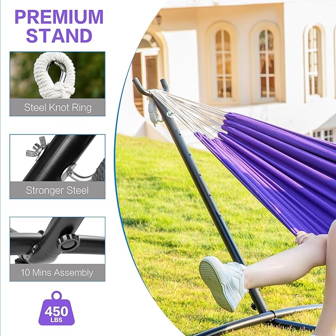 PNAEUT Double Hammock with Space Saving Steel Stand 2 Person Heavy Duty Garden Yard Outdoor 450lb Capacity Hammocks and Portable Carrying Bag (Purple)