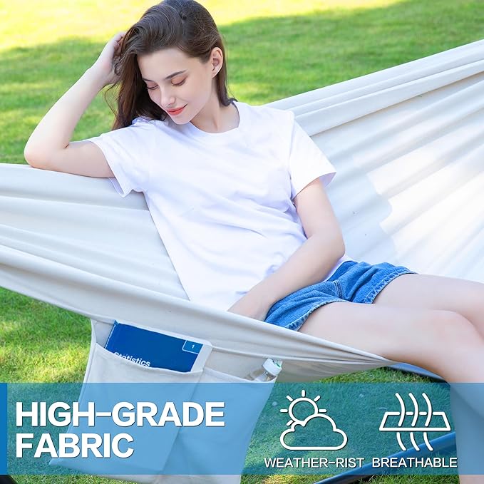 PNAEUT Double Hammock with Space Saving Steel Stand 2 Person Heavy Duty Garden Yard Outdoor 450lb Capacity Hammocks (Beige)