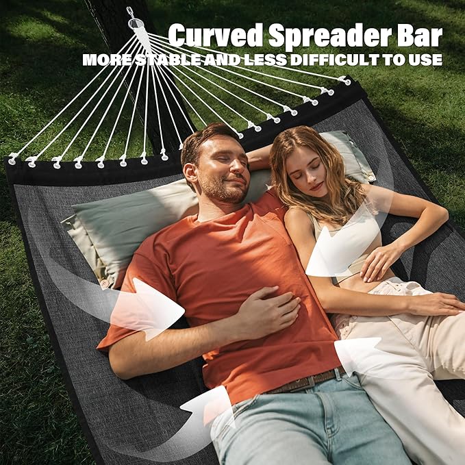 Patio Watcher 13 FT Quick Dry Olefin Hammock - Outdoor Double Hammock with Metal Curved Spreader Bars - 450 lbs Capacity - Dark Grey
