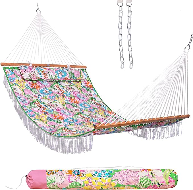 Lazy Daze Hammocks 12 FT Double Layered Quilted Fabric Hammock Swing with Pillow and Carrying Bag, Elegant Tassels and Spread Bar Heavy Duty Stylish for Two Person, Floral