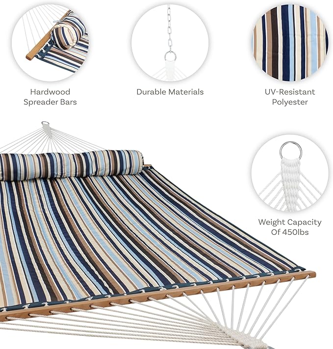 Sunnydaze Quilted Outdoor Hammock with Spreader Bars - Heavy-Duty 450-Pound Capacity Double Hammock for Outside - Ocean Isle