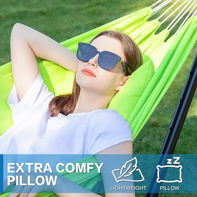 PNAEUT Double Hammock with Space Saving Steel Stand 2 Person Heavy Duty Garden Yard Outdoor 450lb Capacity Hammocks and Portable Carrying Bag (Green)