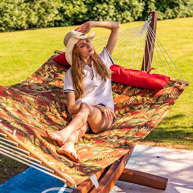 Lazy Daze Hammocks 12 FT Quilted Fabric Hammock with Spreader Bar, 2-Person Double Hammock with Chains and Pillow, Outdoor Hammock for Outside Patio Poolside Backyard Beach, 450 lbs Capacity, Red Leaf