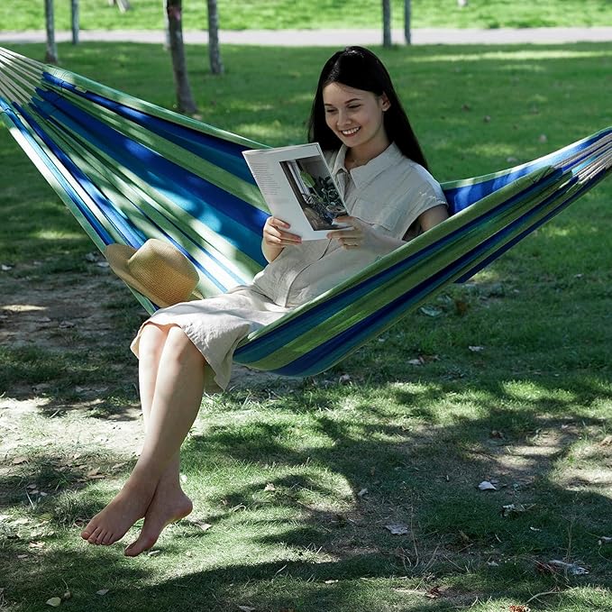 2 Persons Hammock with Tree Straps - Brazilian Double Hammock, Portable Hanging Camping Bed for Patio, Backyard, Porch, Outdoor and Indoor Use - Soft Cotton Hammock with Carrying Bag