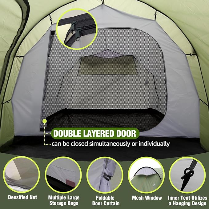 Chihee Camping Tents Tunnel Tent 4 Person Family Tents with 2 Doors Extra Large Weatherproof Shelter 4 Seasons Tents with Screened Porch Room Awning Include Rainfly Carry Bag Travelling Outdoor Hiking