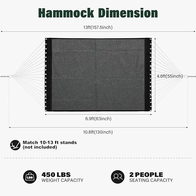 Patio Watcher 13 FT Quick Dry Olefin Hammock - Outdoor Double Hammock with Metal Curved Spreader Bars - 450 lbs Capacity - Dark Grey