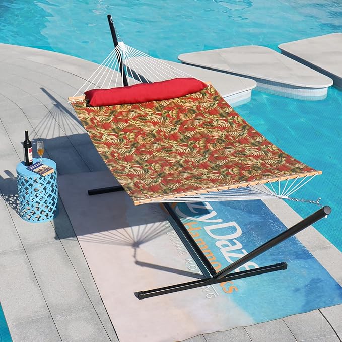 Lazy Daze Hammocks 12 FT Quilted Fabric Hammock with Spreader Bar, 2-Person Double Hammock with Chains and Pillow, Outdoor Hammock for Outside Patio Poolside Backyard Beach, 450 lbs Capacity, Red Leaf