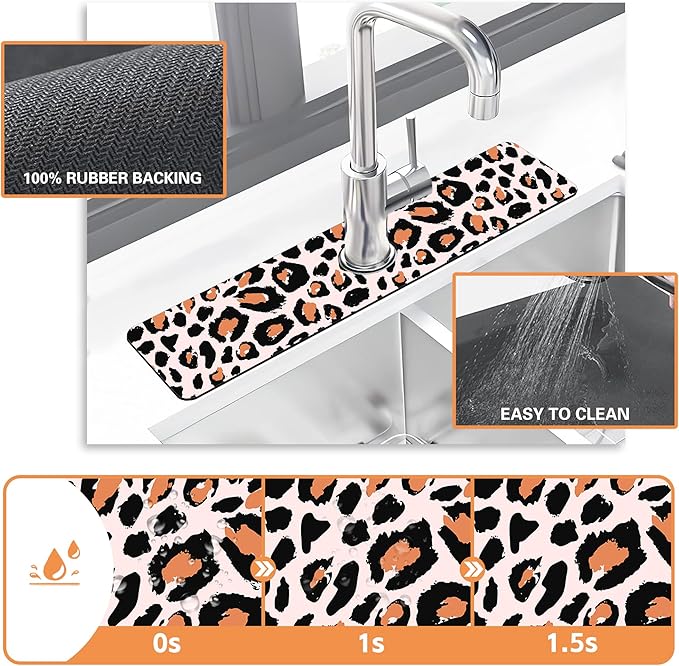 Kitchen Sink Splash Guard Faucet Mat Leopard Rosettes Sink Splash Guard Behind Faucet,1 PC Soft Diatom Mud Non-Slip Mat -for Kitchen,Sink Mat,Dish Drying Mat,Bathroom Faucet Mat 23.5"X5.5"