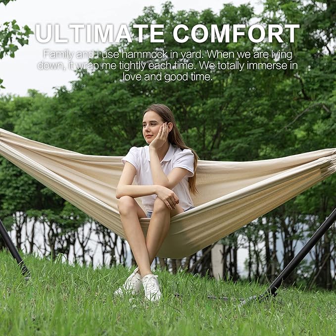 PNAEUT Double Hammock with Space Saving Steel Stand 2 Person Heavy Duty Garden Yard Outdoor 450lb Capacity Hammocks (Beige)